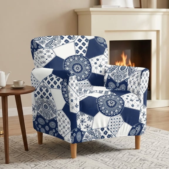 FKELYI Stretch Couch Sofa Cover Boho Mandala Blue Print Anti-Scratch Armchair Slipcover with Elastic Bottom for Living Room Accent Chair Cover Furniture Protector