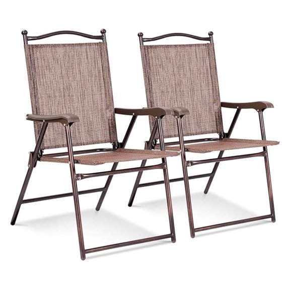 WDZS Set of 2 Patio Folding Chairs, Outdoor Patio Dining Chairs w/Armrest, Sling Back, Metal Frame, Outside Use for Lawn Camping Garden Pool Beach Yard Lounge, No Assembly, Brown