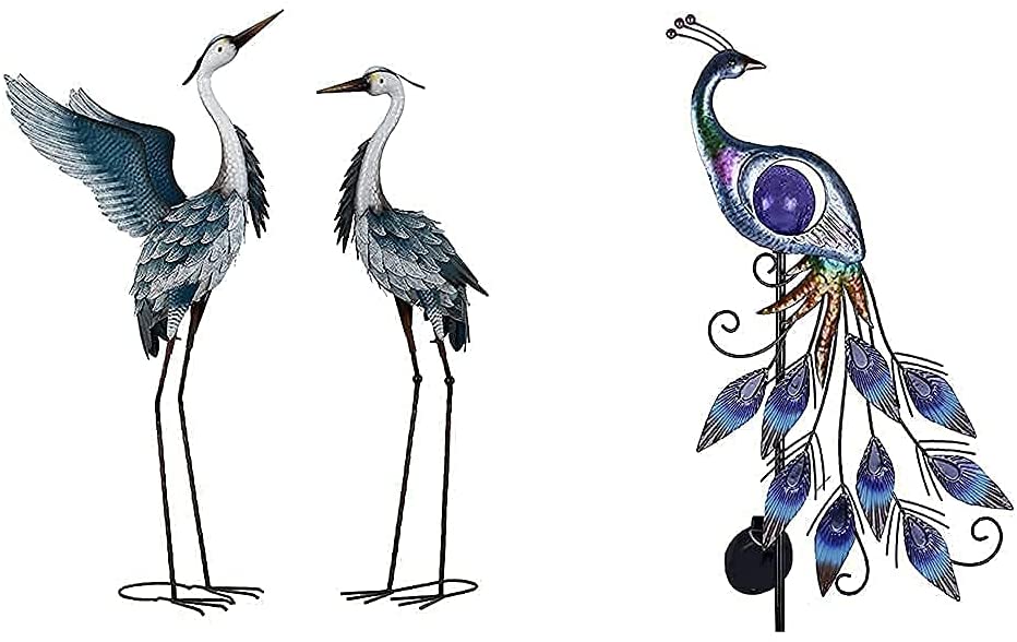 40.7 inch Metal Blue Herons Cranes Garden Statues + 31.5 inch Peacock