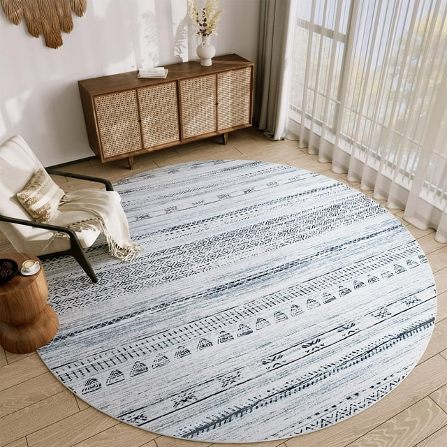 Round Blue Rug for Living Room 8x8ft Boho Area Rugs Machine Washable Rugs for Bedrooms Nursery Dining Room Moroccan Circle Rug Modern Non Slip Round Carpet