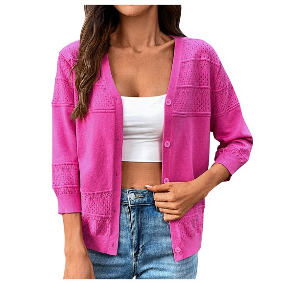Kogui Womens Cardigans Womens 2025 Summer Crochet Cardigan Sweater Long Sleeve Boho Oversized Open Front Outwear (Hot Pink,S)