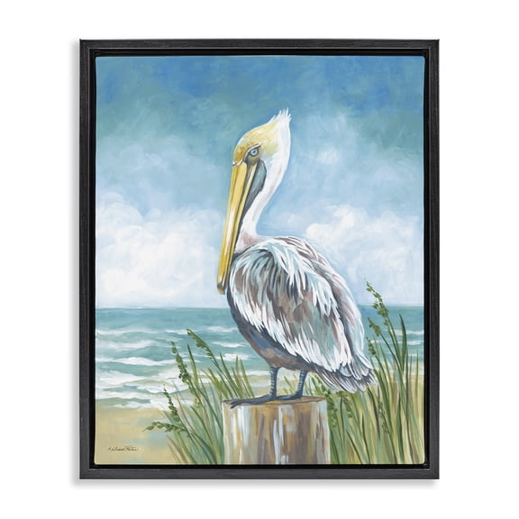 Stupell Industries Coastal Pelican Perched near Shore Black Floating Frame Canvas Art, 17 x 21, by Diane Kater