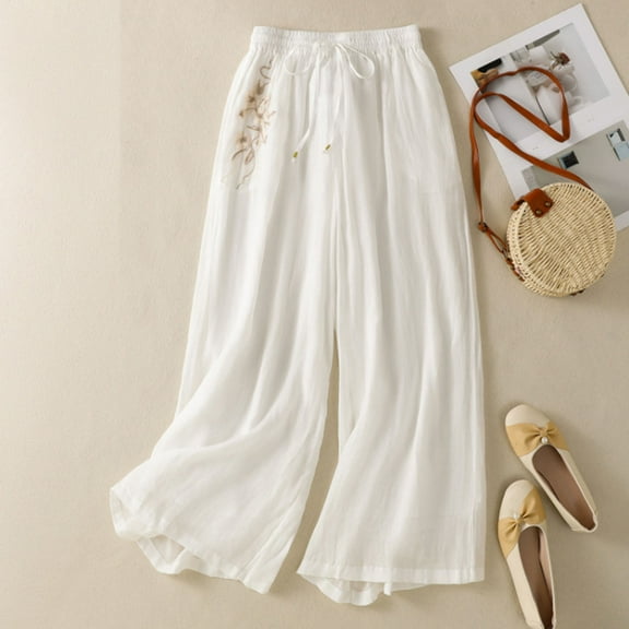 PiGOGI Women's Loose Solid Elastic Waist Bandage Pants Casual Comfortable Lounge Trousers White XL