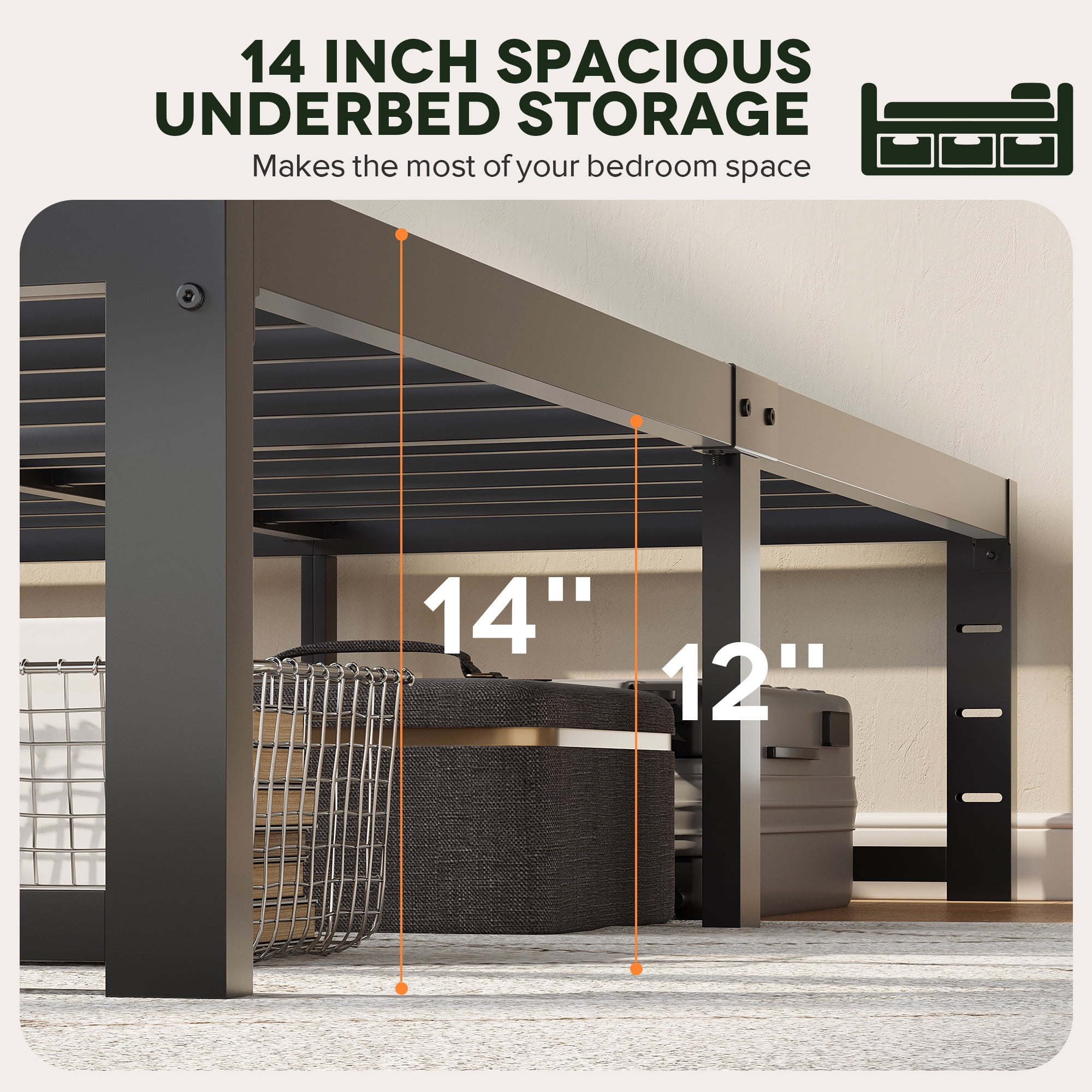 Einfach 14" Twin Bed Frame, Heavy Duty Metal Slat Platform with Ample Underbed Storage, Noise Free, Black