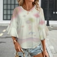 thumbnail image 3 of Abstract Pastel Geometric Shapes Women's V-Neck Blouse With 3/4 Ruffled Bell Sleeves Casual Top Ladies Blouses, 3 of 7
