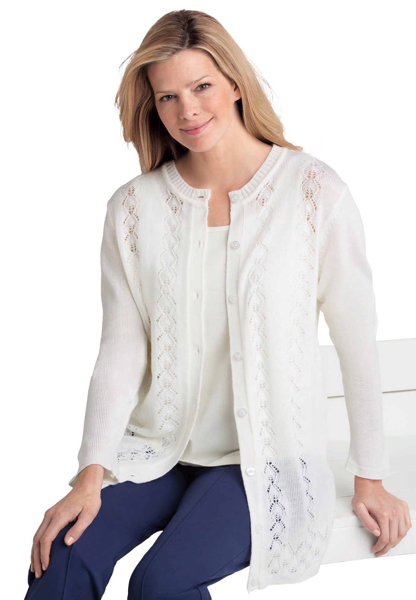 Woman Within Women's Plus Size Long-Sleeve Pointelle Cardigan Sweater Walmart.com