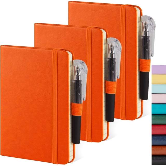 HUGFEGWE Small Journal Notebook, 3 Pack Mini Pocket Notepads with Pen for Work Writing, Small Leather Note Book Note Pad with 100GSM Premium Paper, No Bleed, 3.7" x 5.7", Orange AZ824-8044