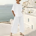 thumbnail image 6 of Cotton Linen Outfits 2 Piece Sets for Women Loose Casual Short Sleeve Top Wide Leg Pants Travel Beach Clothes (M, White), 6 of 8