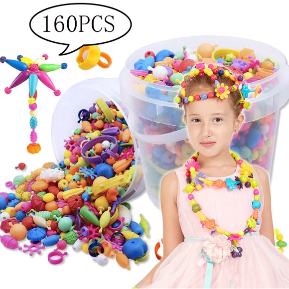 Amerteer Snap Pop Beads Girls Toy 160 Pieces DIY Jewelry Marking Kit Fashion Fun for Necklace Ring Bracelet Art Kids Crafts Birthday Fun Gifts Toys for 3, 4, 5, 6, 7 ,8 Year Old Kids Girls