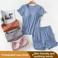 thumbnail image 3 of Women's Pajama 2PCS Sets, Soft Solid Color Lounge Sleepwear Short Sleeve Tops with Built in Bra Shorts Outfits Pjs Sets with Pocket, Multicolor, M-3XL, 3 of 4