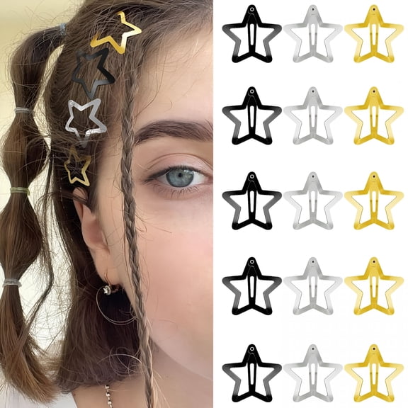 TUWAFE Star Hair Clips Snap Hair Barrettes Non Slip Star Hair Accessories Black Gold Silver Metal Hair Clips for Girls Women - 15 Pcs 1.18"
