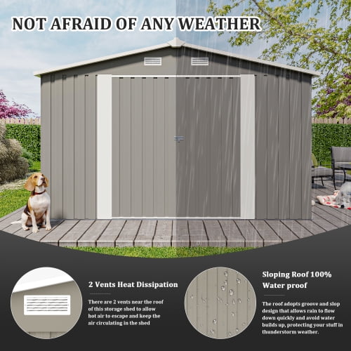 Villeston Outdoor Storage Shed 10×14 FT with 3 Lockable Doors,4 Vents,for Backyard Patio Lawn, Light Grey