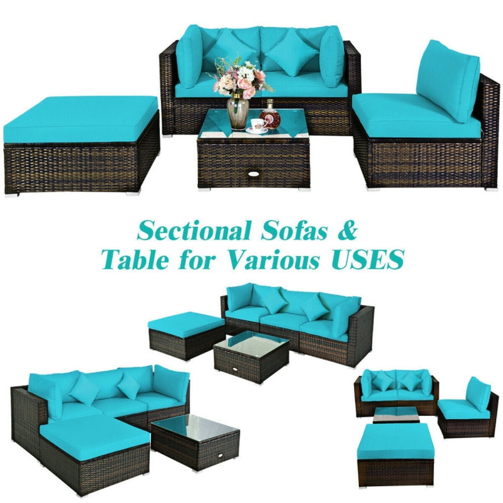 Topcobe 5 Pcs Outdoor Patio Rattan Furniture Set Sectional Conversation with Navy Cushions, Outdoor Patio Furniture for Garden Backyard-Turquoise