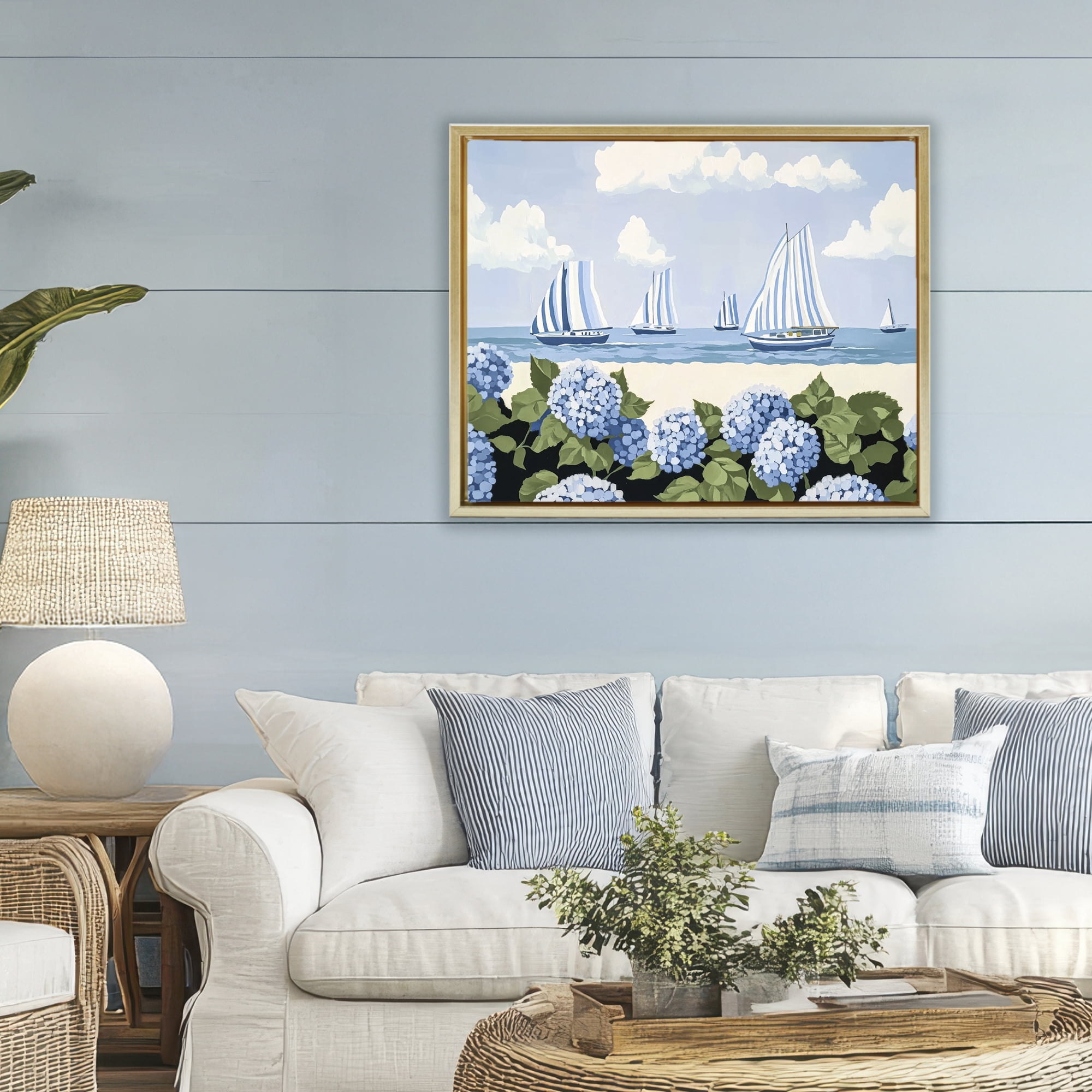 Stupell Industries Striped Sails & Seaside Hydrangeas Gold Framed Floater Canvas Wall Art, design by Sisi and Seb
