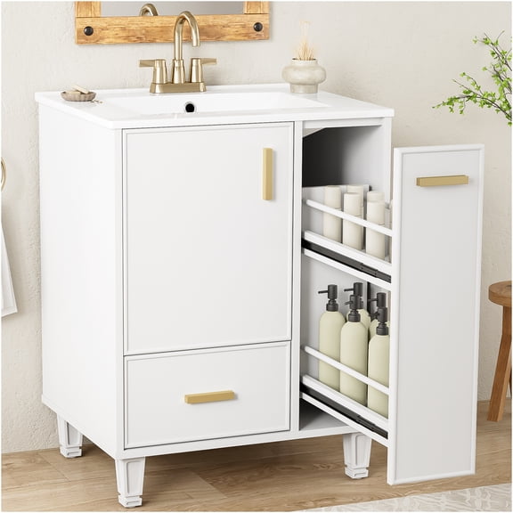 JERFIT 24 inch Bathroom Vanity with Sink, Freestanding Single Sink Vanity with Soft Close Door, Drawer & Pull-Out Baskets, White Ceramic Top & Solid Wood Frame for Bathroom Storage