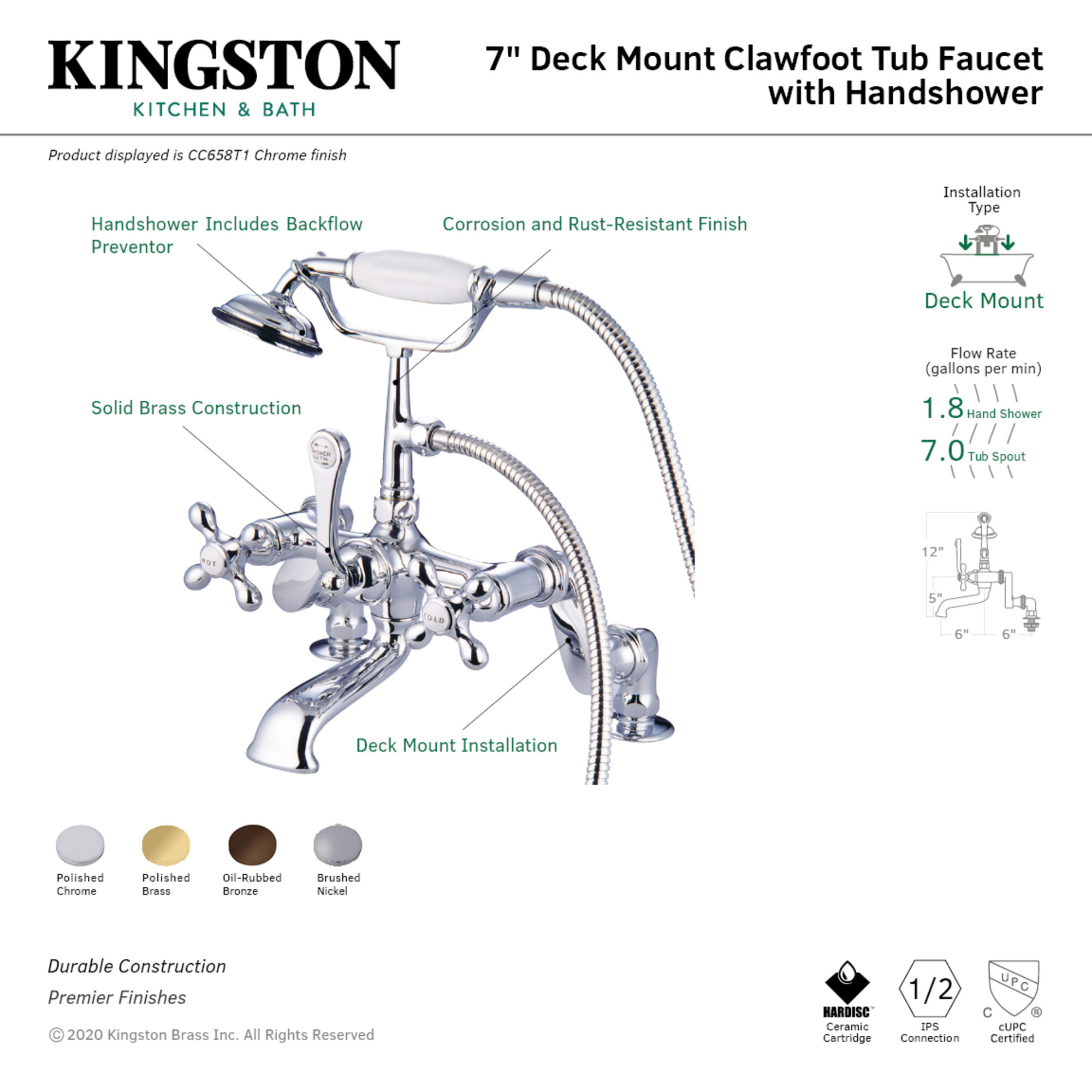 Kingston Brass CC658T1 Vintage 7" Adjustable Center Deck-Mount Clawfoot Tub Faucet with Hand Shower, Polished Chrome