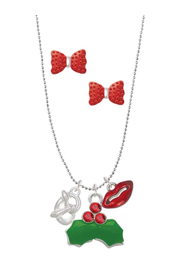 Silvertone 3-D Pretzel Christmas Kiss Charm Necklace and Stud Earrings