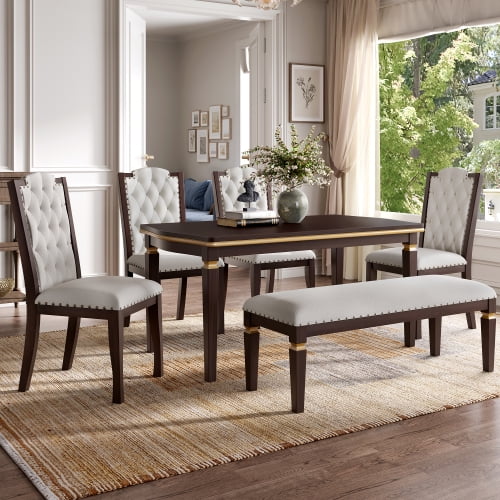 6 Piece Dining Set, 60 Inch Dining Table with 4 Chairs and Bench, Modern Kitchen Dining Room Furniture Set, Espresso