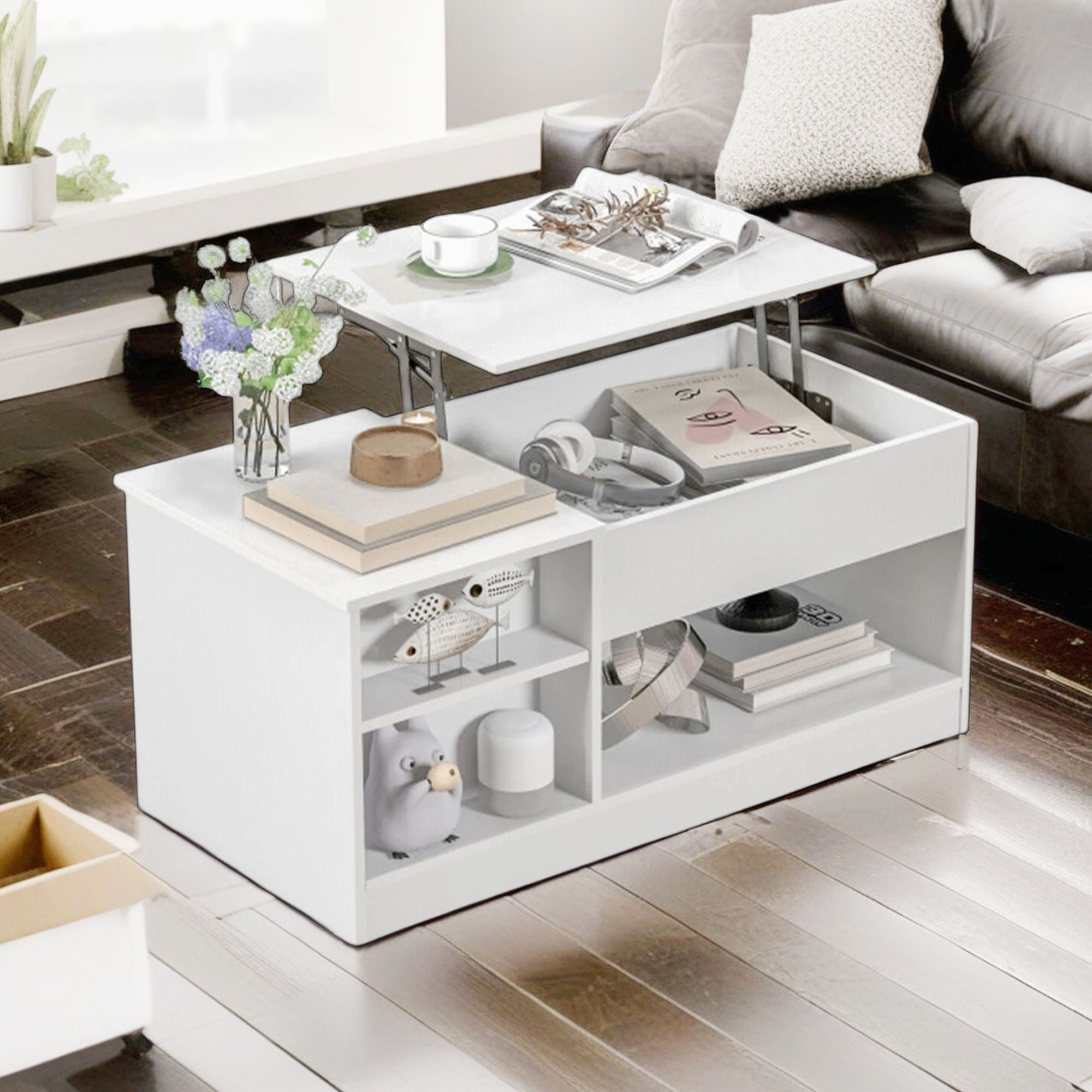 Demi Bonn Lift Top Coffee Table, Modern Coffee Table with Lift Tabletop and Storage Compartments, for Living Room, Reception Room, Office, White