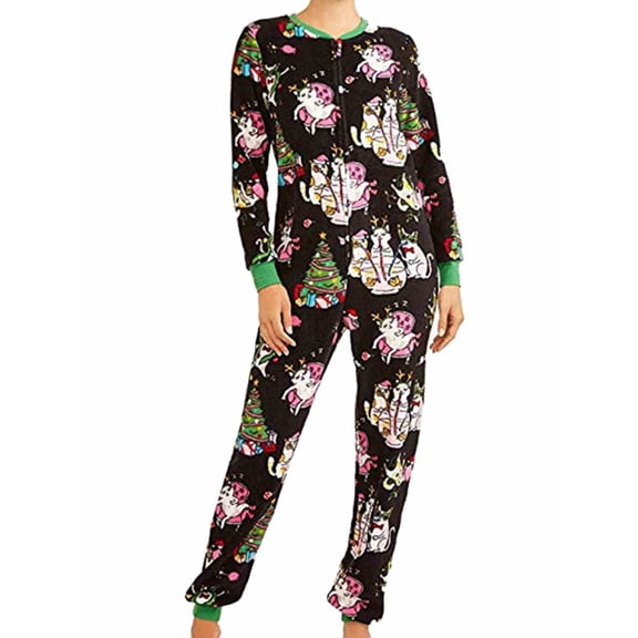 Womens Plush Black Meowy Christmas Drop Seat Holiday Union Suit Cat Pajamas XS