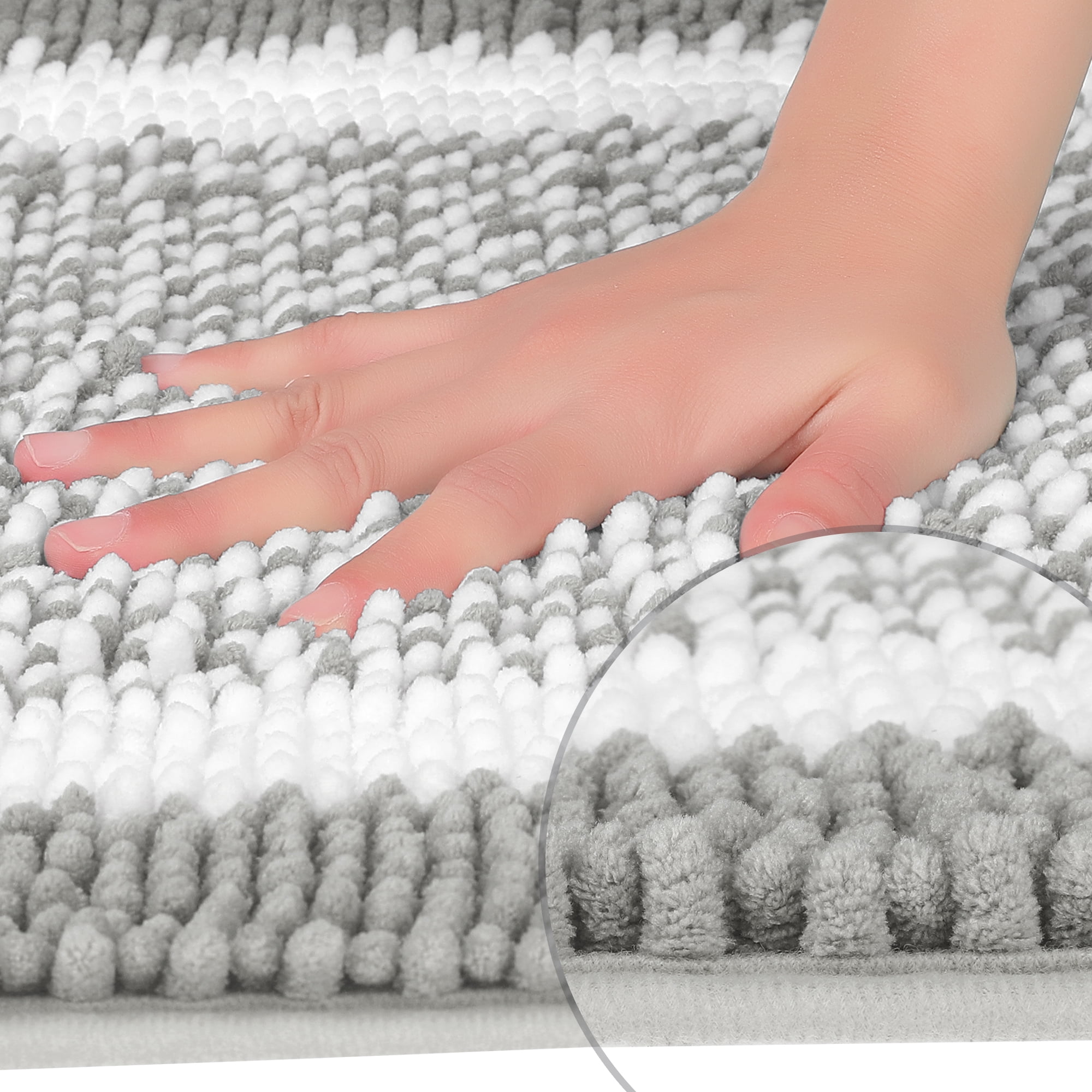 Unique Bargains Chenille Striped Bathroom Rug Mat Non-Slip Soft Plush Shaggy Bath Carpet Grey 16" x 24"