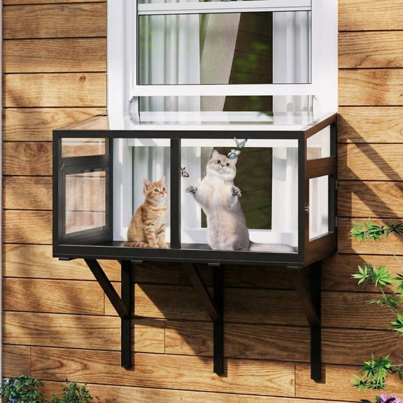 Window Catio Box with Acrylic Panels, Wood Cats Window Perch Fits Windows 24"-38", Mosquito-Proof Indoor Cat Enclosure for Sunbathing, Birdwatching & Napping Black
