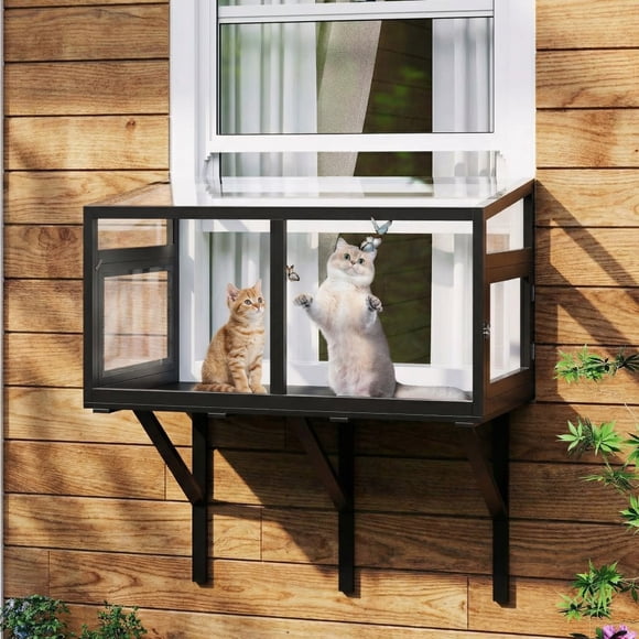 Window Catio Box with Acrylic Panels, Wood Cats Window Perch Fits Windows 24"-38", Mosquito-Proof Indoor Cat Enclosure for Sunbathing, Birdwatching & Napping Black