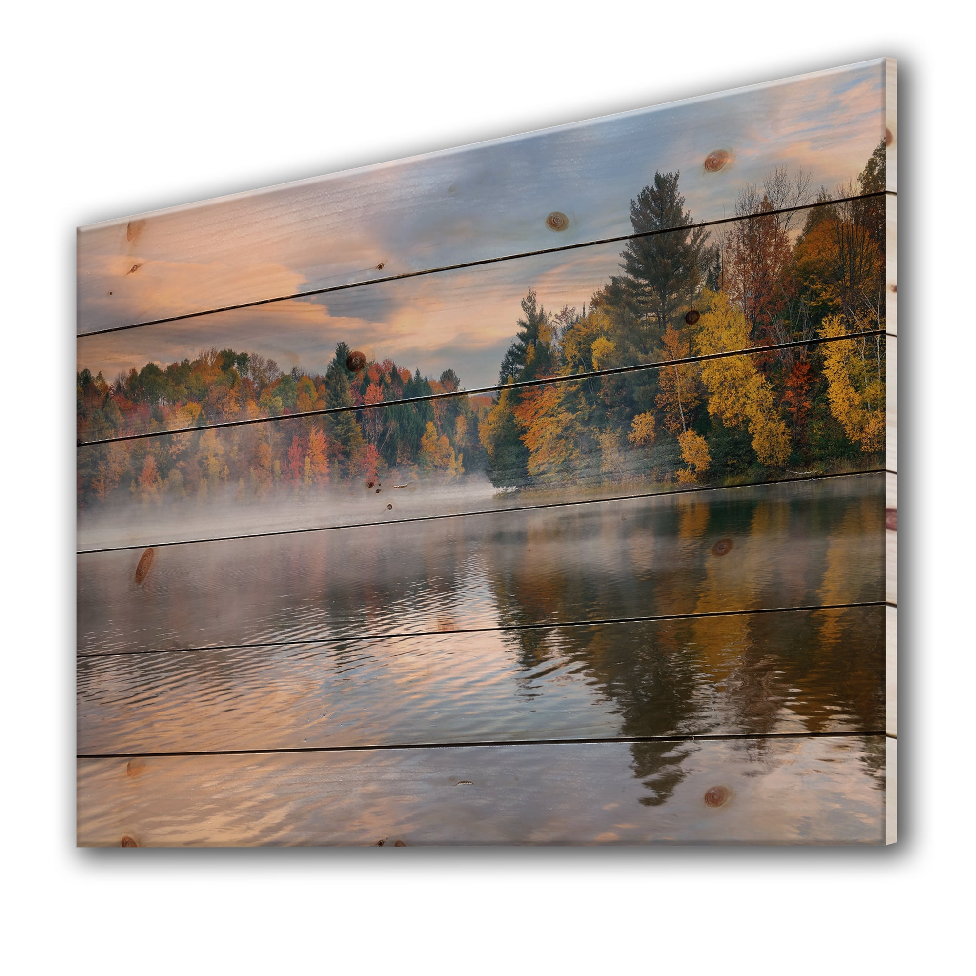 Designart 'The Lakeside with Autumn Foliage' Traditional Print on Natural Pine Wood