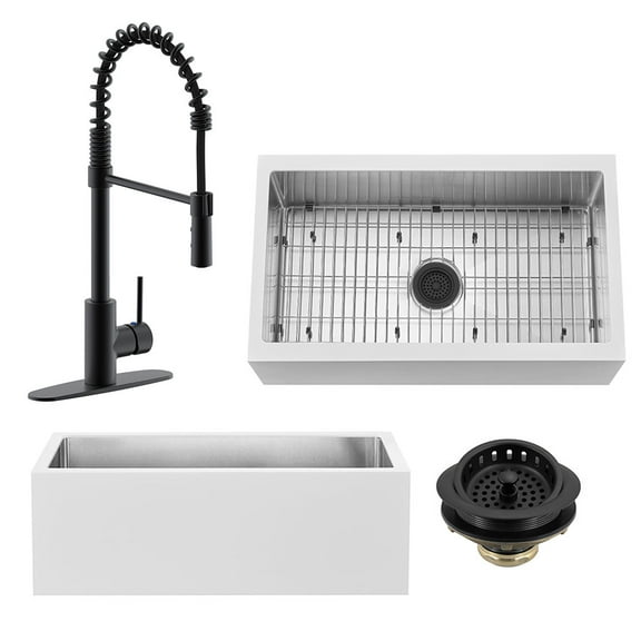 Westbrass BSS133WKS18-62 33" Single Bowl 14 Ga. Stainless Steel/White Solid Surface Kitchen Sink with Open Coil Faucet and Drain Basket, Matte Black