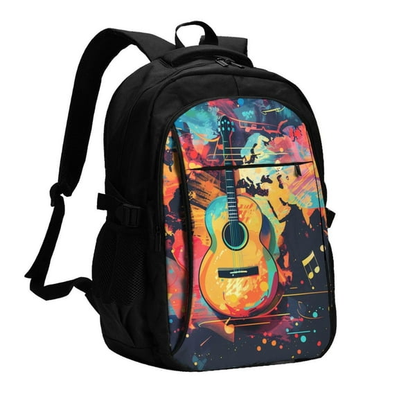 Daiia World Map Guitar Illustration Pattern USB Charging Backpack for Men and Women, Anti-Theft Backpack,Travel Backpack,School Backpack,College Backpack,Laptop Backpack