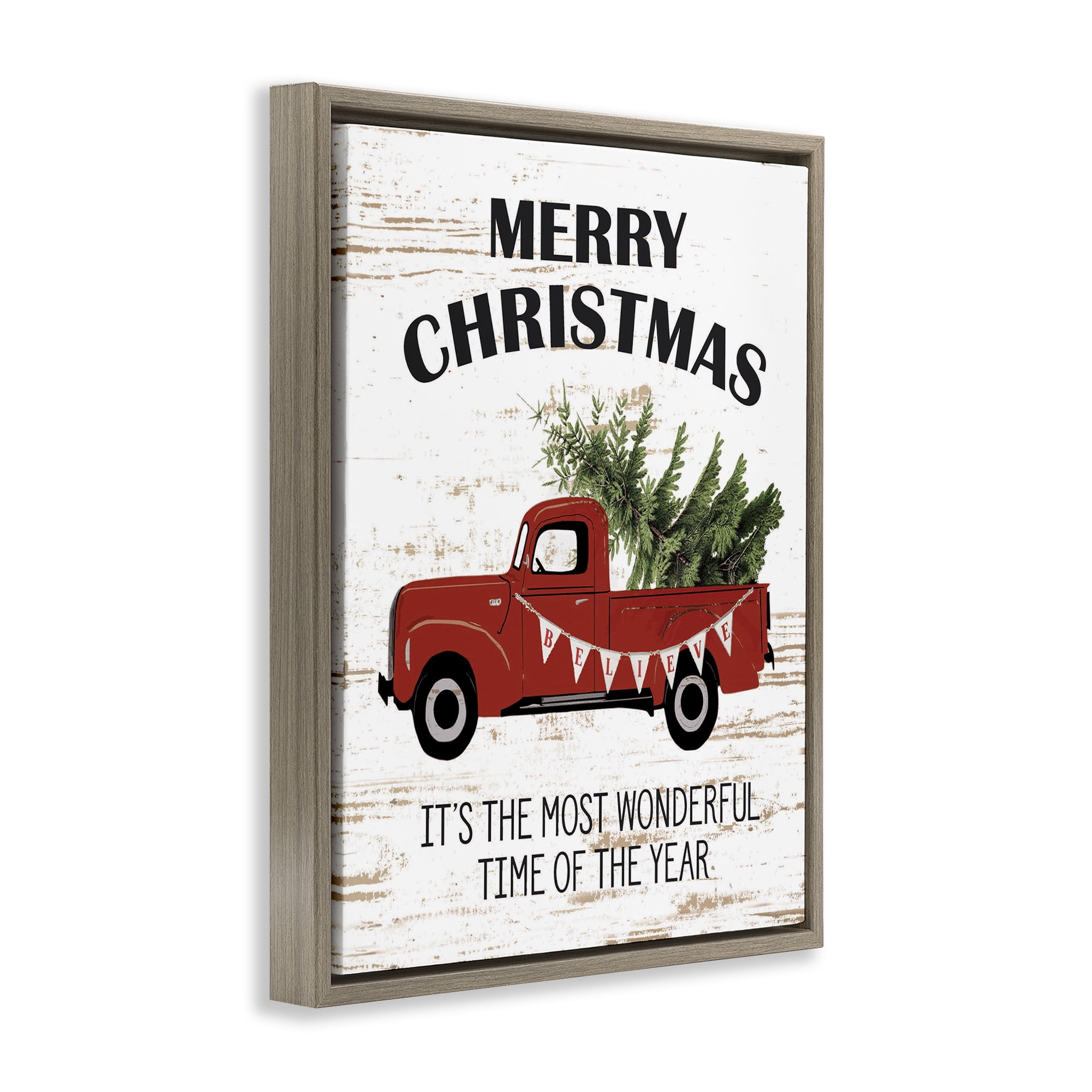 Stupell Industries Christmas Most Wonderful Time Vintage Truck Holiday Painting Brown Floater Framed Canvas Art Print Wall Art, 17 x 21