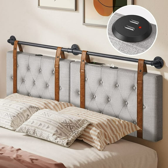 ZXNYH Wall Mount Headboard with USB for King Size Bed, PU Leather Headboard Only, Industrial Pipe Modern Style, Brown Hanging Head Boards, Durable, Comfortable, Button Upholstered for Bedroom