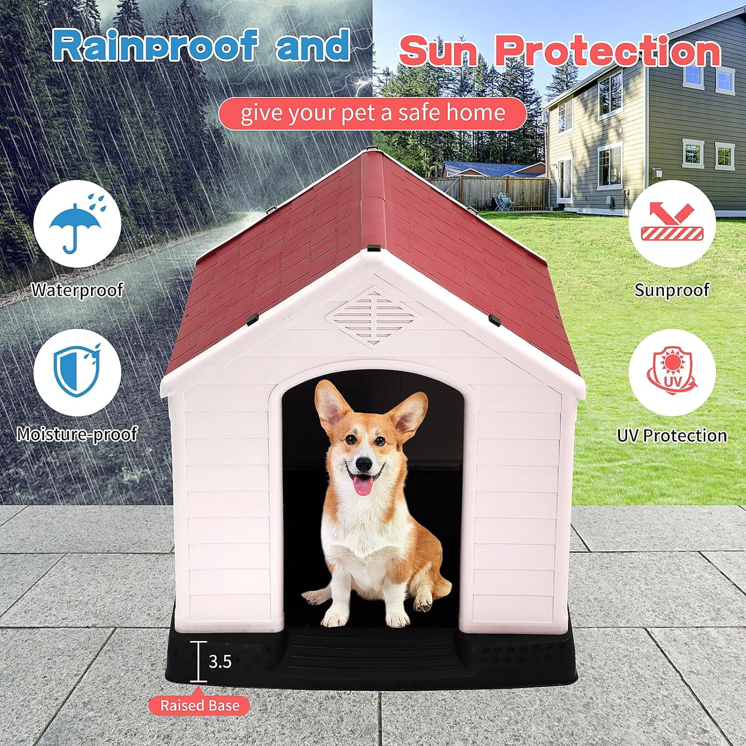 Dkelincs 28 inch Durable Plastic Dog House Indoor Outdoor Weatherproof Pet House with Air Vents and Elevated Floor, Red
