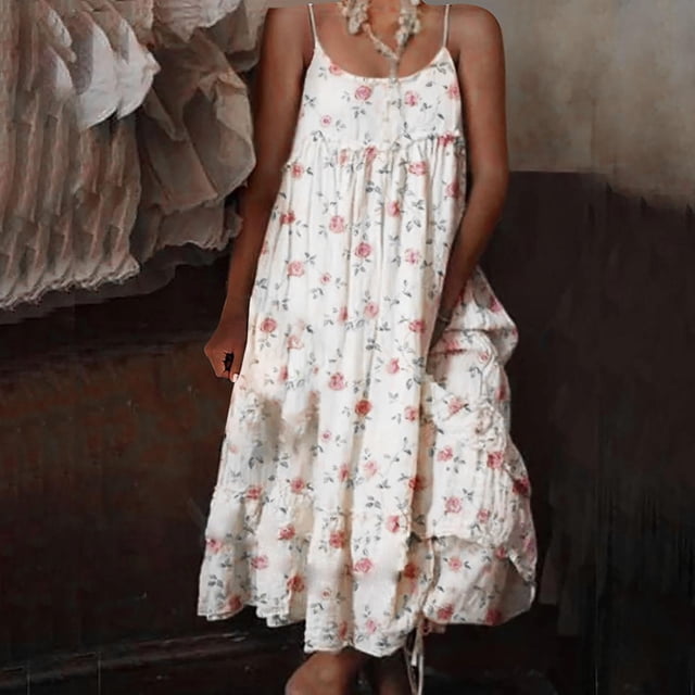 Puntoco Vestidos Mujer Verano Mujer Verano Estampado Floral Vestido Largo Sin Mangas Correa Cuello Redondo Plisado Vestido Suelto