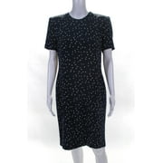 Pre-owned|Escada Womens Short Sleeve Star Print Sheath Dress Navy Blue Silk Size EU 38