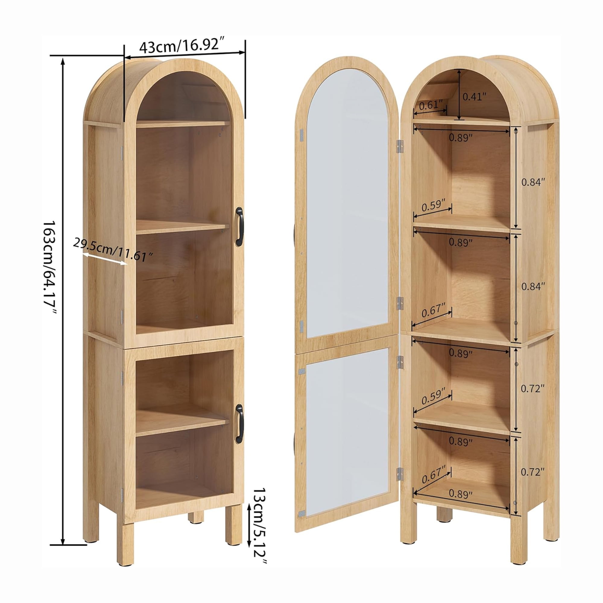 Arched Kitchen Pantry Storage Cabinet, Tall Storage Display Cabinet, 5 Tier Bookcase for Living Room (Wood)