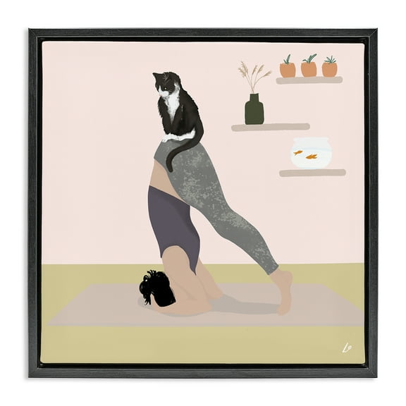 Stupell Industries Downward Cat Yoga Pose People Painting Black Floater Framed Canvas Art Print Wall Art, 18 x 18
