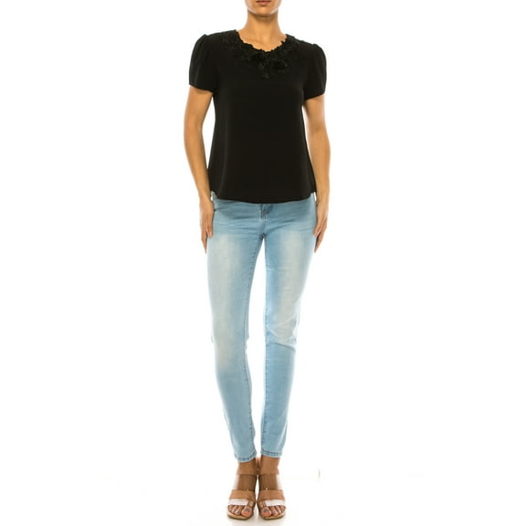 Women's Short Sleeve Top with Puff Sleeves Lace Accent Round Neck