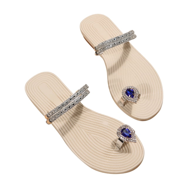Flat Sandals for Women Toe Ring Clip Toe Rhinestone Decor Sparkly Slide Slip on Dressy Wedding Non Slip Summer Sandals Blue