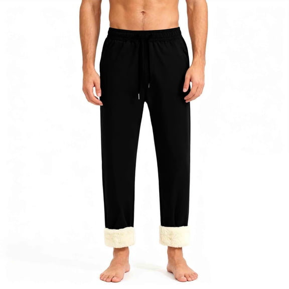 Mens Fleece Lined Sweatpants with Zipper Pockets Winter Sherpa Lined Pants Straight Leg Open Bottom