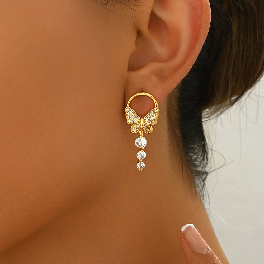Elegant Butterfly Brass Pave Clear Cubic Zirconia Dangle Stud Earrings DIY Golden 34x15mm