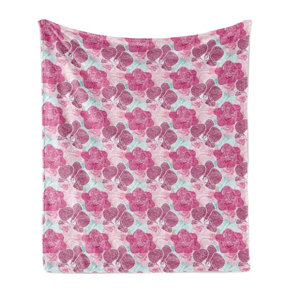 Floral Soft Flannel Fleece Throw Blanket, Orchid Blossoms in Pink and Mint Shades and Grunge Effect Tropical Plant, Cozy Plush for Indoor and Outdoor Use, 70" x 90", Multicolor, by Ambesonne