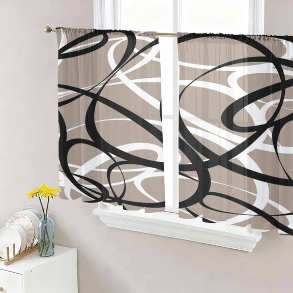 Brown Geometric Semi Sheer Curtains 45 Inch Length 2 Panels Set, Vintage Black White Striped Abstract Art Sheer Kitchen Curtain Privacy Voile Window Curtain for Living Room Bedroom Rod Pocket Drapes