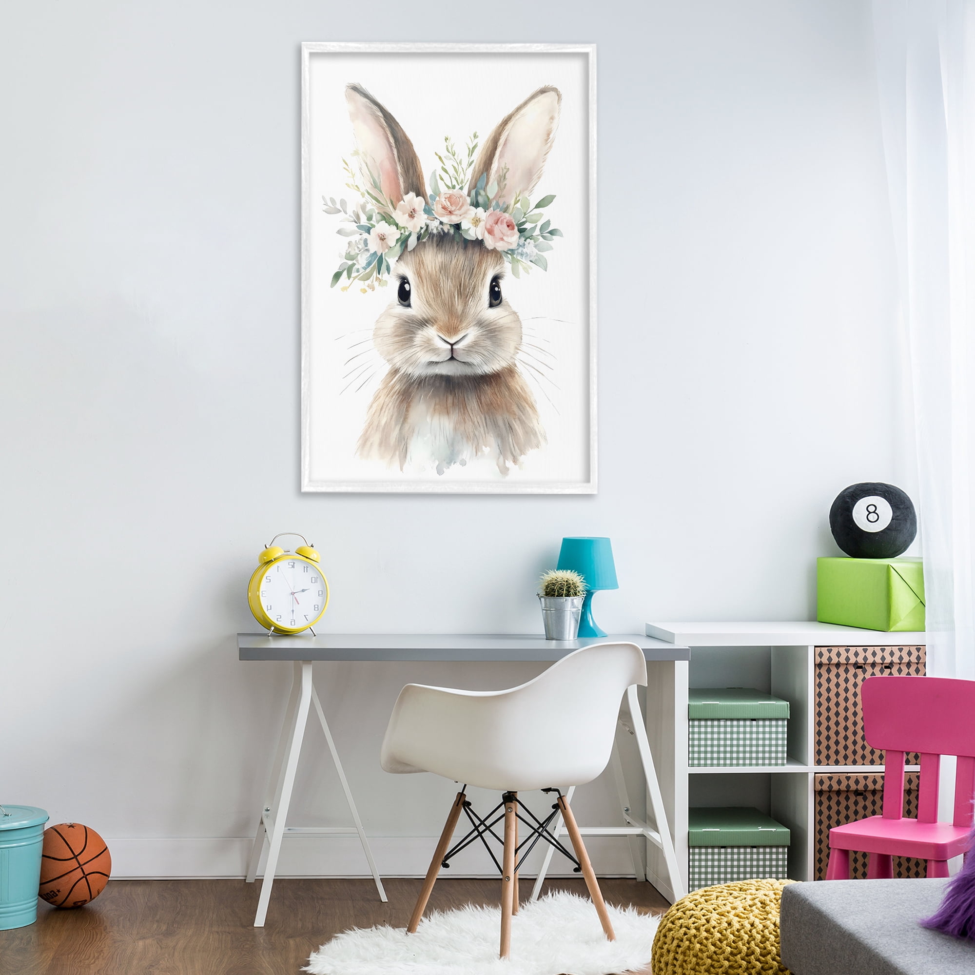 Stupell Industries Flower Adorned Baby Rabbit White Framed Giclee Art, design by Creative Studio