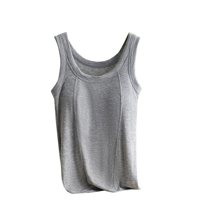 Chbgutlmr Débardeurs avec Soutien-Gorge Intégré pour Femmes Col Ras du Cou Doux Confortable Basique Ajusté Décontracté Extensible Débardeurs