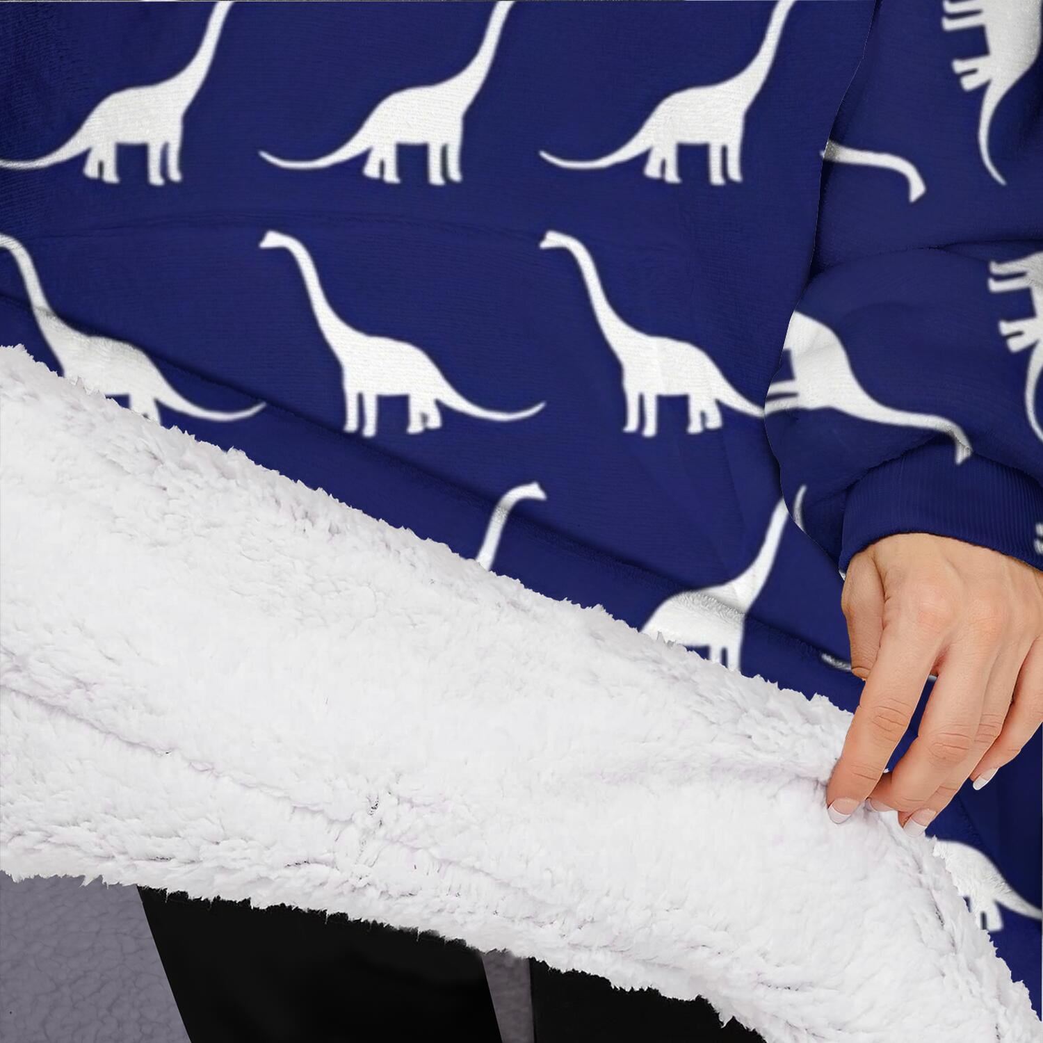 Oversized Wearable Blanket Hoodie,DarkBlue White Dinosaurs Silhouettes Pattern Sherpa Blanket Hoodie with Super Pockets,Super Warm Fuzzy Pullover for Women & Men