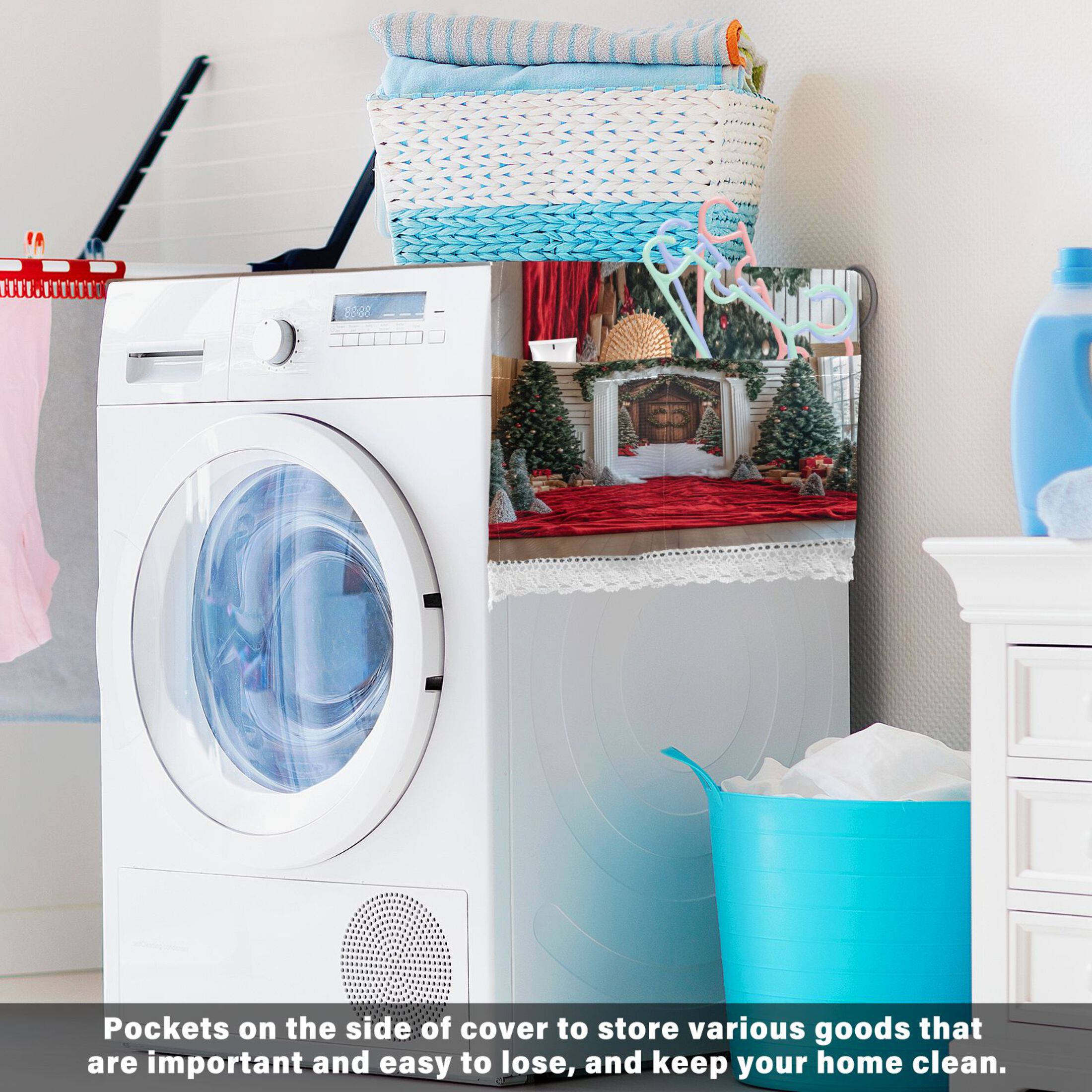 Christmas Door To DoorWasher and Dryer Covers Dust-Proof and Oil Resistant Fridge Cover with 4 Storage Pockets Washing Machine Top Cover for Laundry Kitchen Home 51.2 x 22 In
