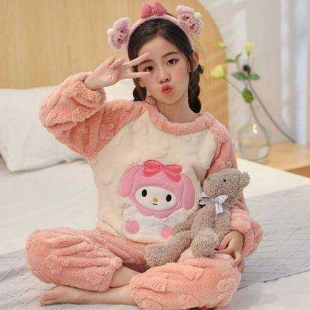 

Sanrio Cinnamoroll Winter Thicken Children Pajamas Set Kuromi Kitty Boy Girl Flannel Fleece Warm Sleepwear Kids Home Suit Anime