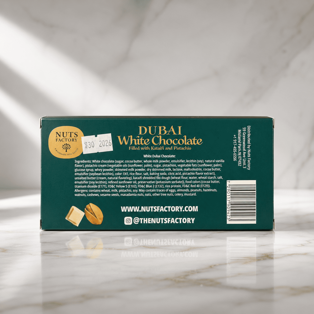 Nuts Factory Dubai Style White Chocolate Bars with Pistachio Cream & Crispy Kataifi, Pack of 2 Large Bars – #1 Ranked Dubai Chocolate Bars in the World by CNBC