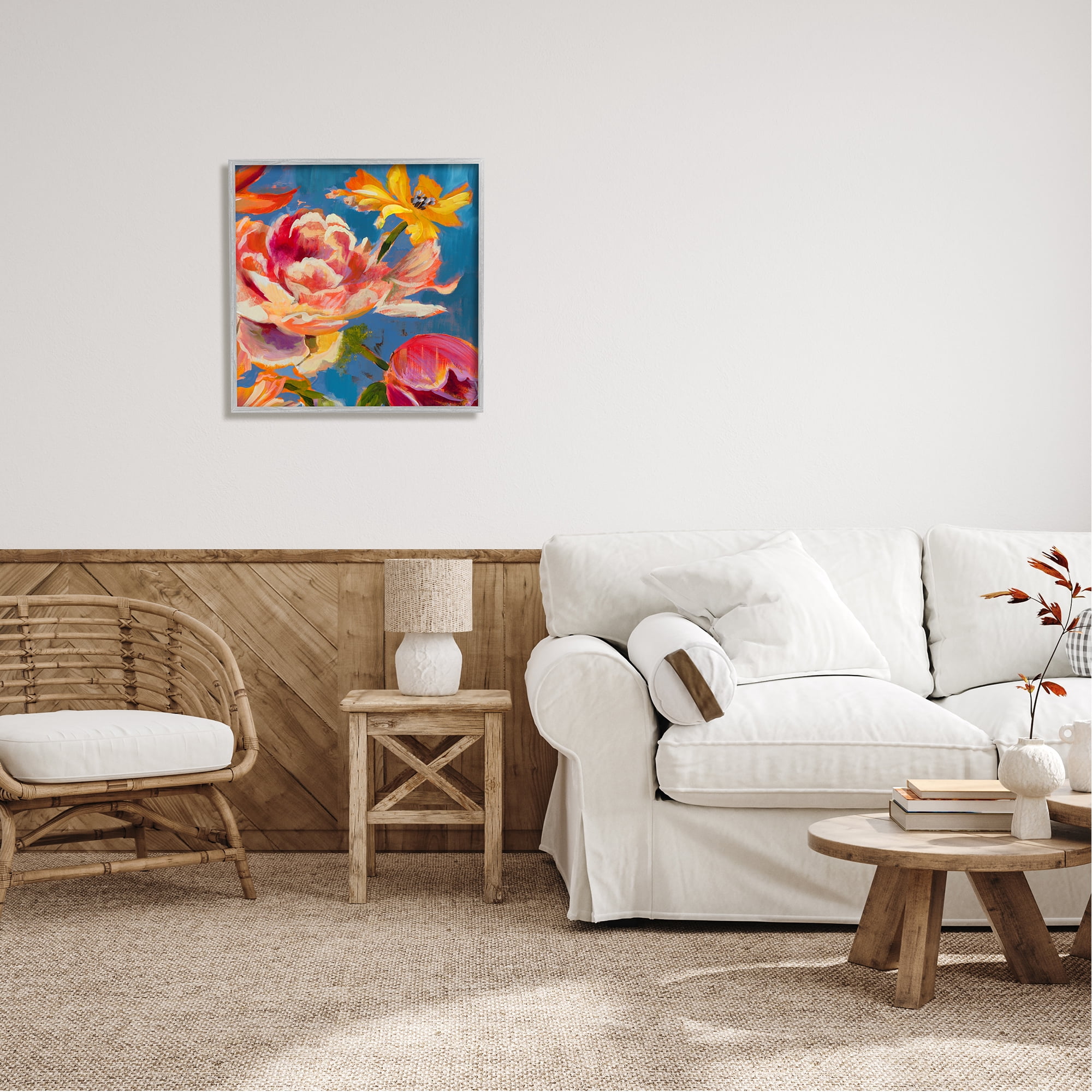 Stupell Industries Vivid Peonies on Blue Botanical & Floral Painting Gray Framed Art Print Wall Art, 24 x 24